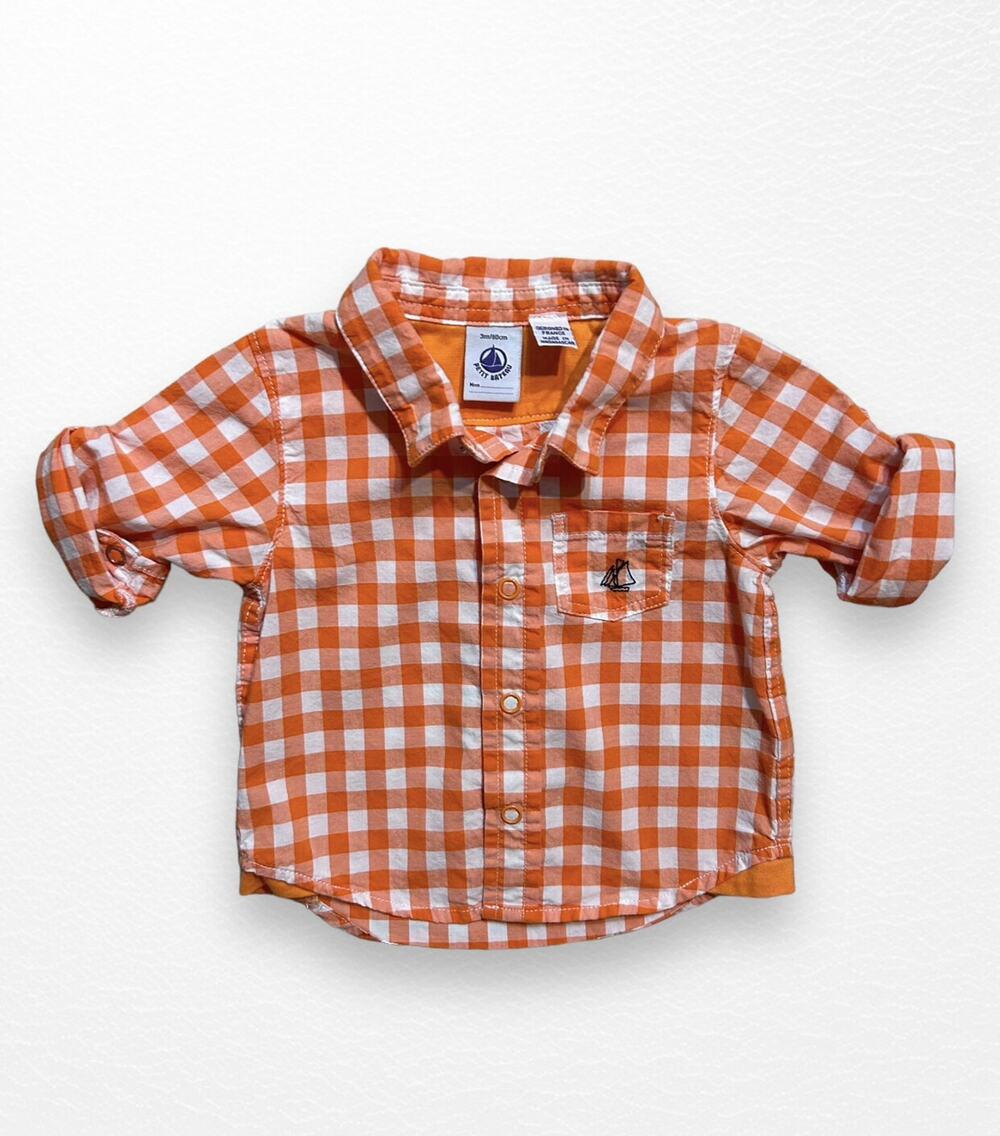 Petit Bateau Orange Gingham Shirt, 3 Months